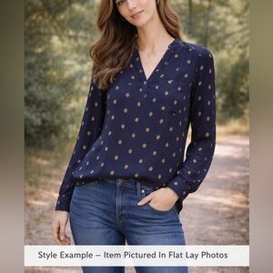 Pleione Navy Medallion Print Blouse Long Sleeve V Neck Small